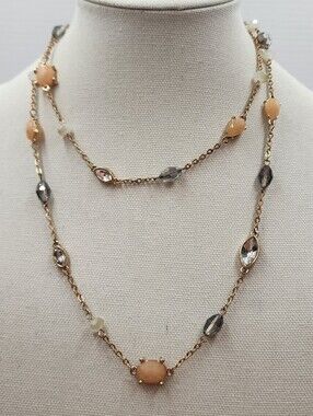 Long Goldtone bead station style necklace Peach Charming Charlie 40"
